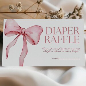 Carte de tombola de couches avec noeud rose imprimable pour bébé personnalisé saupoudrer d'insertion ticket modèle de toile modifiable ruban thème jeux de baby shower note de demande