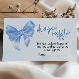 Carte de tombola de couches avec noeud bleu imprimable personnalisé saupoudrer de bébé demande note modèle de toile modifiable jeux de shower de bébé insérer un billet décoration de fête