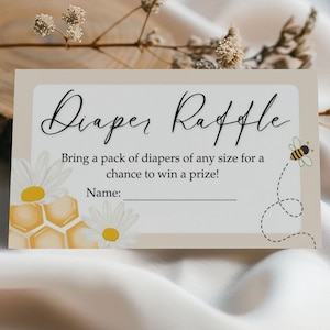 Cartão de rifa de fraldas de abelha personalizadas, jogos de chá de bebê, ingresso, modelo editável do Canva, decoração para festa de revelação de gênero, para impressão