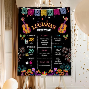 Manifesto di benvenuto per la festa del primo compleanno Fiesta, per bambina, decorazione per la prima pietra miliare, tema Talavera messicano, modello Canva modificabile