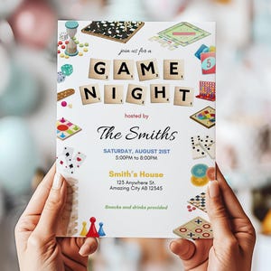 Printable Game Night Theme Invitation Board Games Family Bonding Housewarming Editable Canva File Template Custom House Party Invite Card