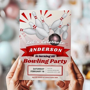 Invitation 10e anniversaire thème bowling imprimable Strike Up Some Fun carte d'invitation modèle toile modifiable personnalisé garçon Gamer B-Day Party Decor