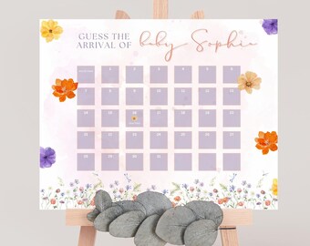 Wildflowers Baby in Bloom Guess the Due Date Sign Printable File Floral Theme Baby Shower Calendar Games Editable Canva Template Party Decor