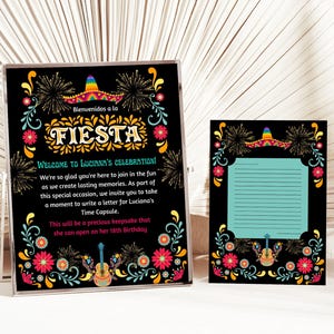 Carta da cápsula do tempo do bebê da festa mexicana dos sonhos, arquivo Canva editável em papel picado, cartão para impressão de lembrança do marco do primeiro aniversário do bebê