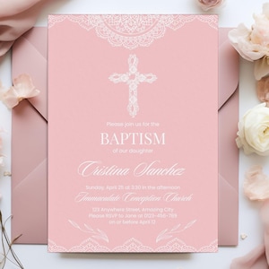 Mexican Cielito Lindo Pink Baptism Party Invitation, Papel Picado Religious Cross Talavera Theme Editable Canva Template File Bautizo Invite