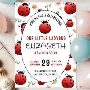 May include: A rectangular invitation card featuring a white background with a pattern of red ladybugs, orange flowers, and green leaves. A central oval with a dashed border contains the text: JOIN US FOR A CELEBRATION, OUR LITTLE LADYBUG, ELIZABETH, is turning three, SATURDAY SEPTEMBER 29, 3 O'CLOCK AFTERNOON, 123 ANYWHERE STREET, AMAZING CITY, AB 54321.