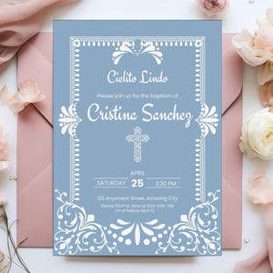 Dusty Blue Cielito Lindo Baptism Invitation Editable Canva Template, Papel Picado Religious Cross, Mexican Theme Bautizo Party Invite