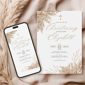 Modelo de convite de batizado personalizado para festa católica cristã de bebê, cartão de convite digital editável, modelo Canva, primeira comunhão