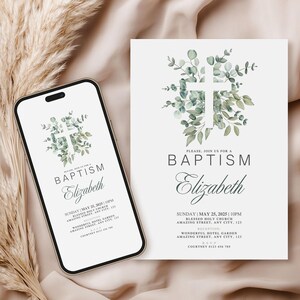 Convite personalizado para batizado de bebê, modelo de eucalipto, cartão digital católico romano personalizado para batismo, primeira comunhão, arquivo Canva editável