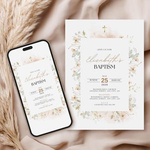 Fichier imprimable de carte d'invitation de baptême, invitation florale personnalisée de baptême de bébé fille, modèle de toile modifiable de croix religieuse de fleurs sauvages