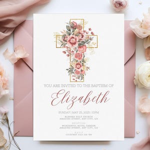 Invito per battesimo floreale, stampabile, per bambina, battesimo, prima comunione, invito personalizzato con fiori di campo rosa, file modello modificabile Canva