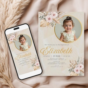 Carte d'invitation florale pour baptême catholique romain avec modèle de toile photo modifiable, invitation imprimable de fête de baptême de bébé fille fleurs sauvages