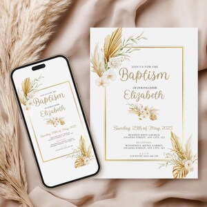 Modelo de convite de batismo personalizado, batizado floral personalizado, festa católica romana, cartão digital editável, Canva, primeira comunhão