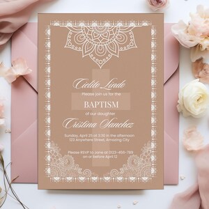 Light Terracotta Baptism Invitation Cielito Lindo Religious Cross Mexican Bautizo Invite Talavera Theme Editable Canva Template Papel Picado