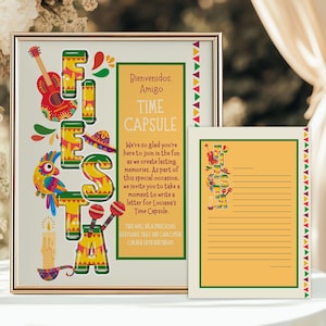 Placa da Cápsula do Tempo Mexicana Fiesta Festa de Primeiro Aniversário de Bebê Espanhol, Fiesta Sorpresa Modelo Editável Canva Nota para Convidado Arquivo para Imprimir Talavera