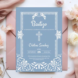 Custom Baptism Cielito Lindo Invitation Card, Dusty Blue Bautizo Fiesta Mexican Theme Catholic Party Editable Canva Template Papel Picado