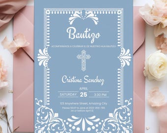 Custom Baptism Cielito Lindo Invitation Card, Dusty Blue Bautizo Fiesta Mexican Theme Catholic Party Editable Canva Template Papel Picado