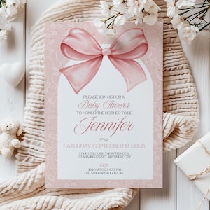 Carte d'Invitation pour baby shower avec noeud rose, faire-part de grossesse personnalisé Coquette baby girl shower modèle de toile modifiable Invitation numérique