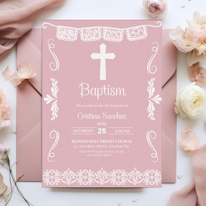 Pink Baptism Invitation Cielito Lindo Party Editable Canva Template File, Custom Religious Cross Bautizo Mexican Talavera Papel Picado Theme