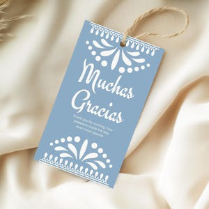 Modèle Toile Cielito Lindo bleu poussiéreux Merci étiquette fichier imprimable, étiquette de faveur Rectangle Papel Picado pour baby shower chicana mexicaine