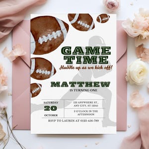 1ère invitation d'anniversaire de football modifiable, carte imprimable, thème du sport, heure du jeu, modèle de toile d'invitation numérique pour garçon, décoration de fête de première année