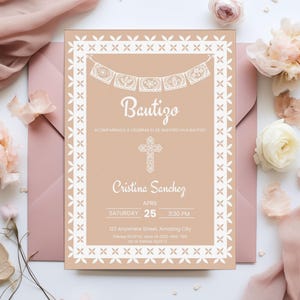 Cielito Lindo Baptism Theme Invitation Card Template, Bautizo Party Invite Editable Canva, Papel Picado Religious Cross Mexican Talavera
