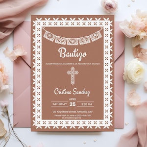 Modèle de carte d'invitation baptême cielito Lindo en terre cuite décor de fête Bautizo Papel mexicain picado inviter fichier toile modifiable thème Talavera