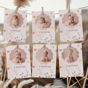 Wildblumen Baby in Bloom Erstes Jahr Geburtstag Foto Banner Printable Girl Monatliche Meilenstein Karten Bearbeitbare Canva Template Partydekoration
