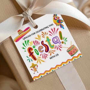 Etiqueta de lembrança quadrada mexicana para festa, cartão de agradecimento para convidados, tema espanhol, festa de aniversário, modelo Sombrero editável da Sorpresa Canva