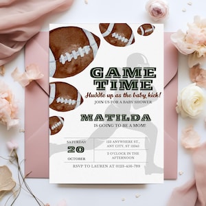 Invitation baby shower de football personnalisée, future maman, invitation numérique, faire-part de grossesse, jeu sport, soirée à thème, modèle de toile modifiable