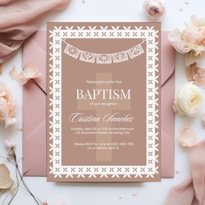 Carte d'invitation baptême Cielito Lindo beige Croix religieuse modèle toile modifiable Bautizo Party inviter mexicain Talavera thème Papel Picado