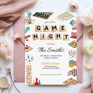 Printable Game Night Theme Invitation Board Games Family Bonding Housewarming Editable Canva File Template Custom House Party Invite Card