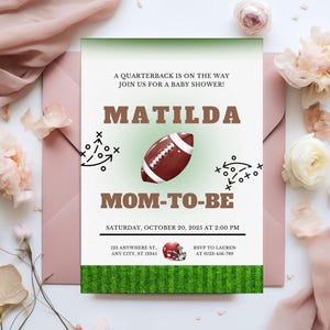 Carte d'invitation modifiable de baby shower de football, temps de jeu de thème de sports d'éclaboussure de bébé, modèle de toile imprimable de partie d'annonce de grossesse