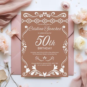 Modello Canva modificabile per invito alla festa del cinquantesimo compleanno digitale in terracotta Cielito Lindo, invito mobile Papel Picado a tema Talavera messicano