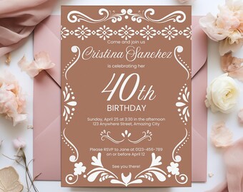 Mexican Cielito Lindo Electronic 40th Birthday Party Invitation File, Terracotta Talavera Editable Canva Template Papel Picado Mobile Invite