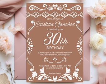 Cielito Lindo Terracotta Mobile 30th Birthday Party Invitation, Mexican Talavera Theme Editable Canva Template Papel Picado Digital Invite