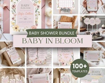 Personalized Baby in Bloom Baby Shower Bundle Editable Wildflowers Themed Pink Party Decor Boho Set Floral Invitation Package Canva Template