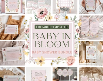 Personalized Baby in Bloom Baby Shower Bundle Editable Wildflowers Themed Pink Party Decor Boho Set Floral Invitation Package Canva Template