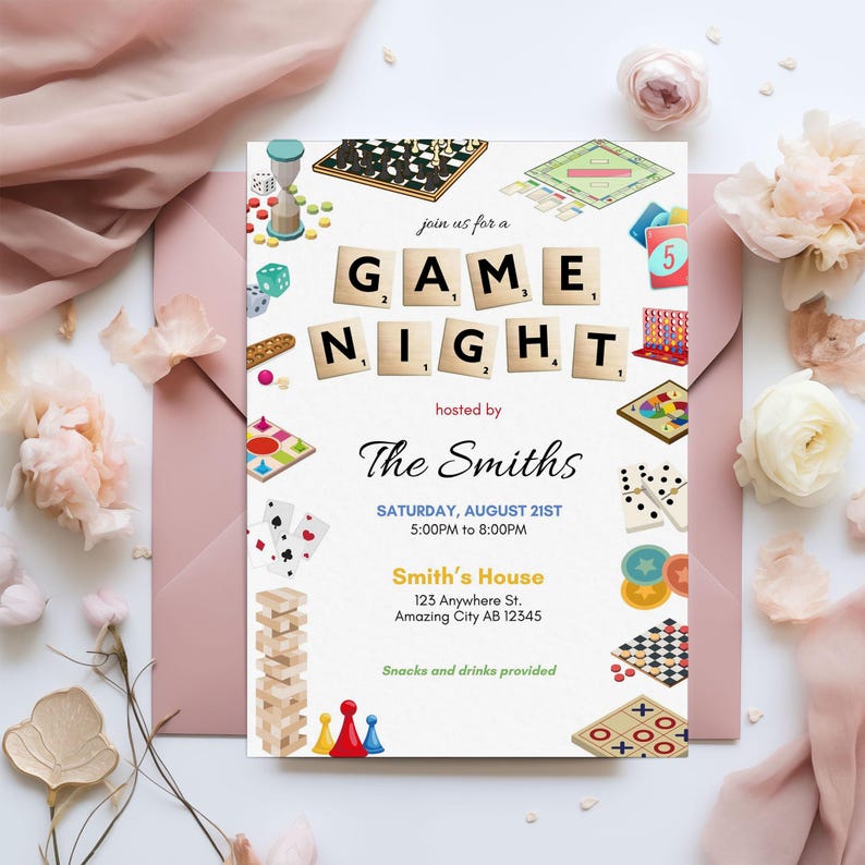 Printable Game Night Theme Invitation Board Games Family Bonding Housewarming Editable Canva File Template Custom House Party Invite Card