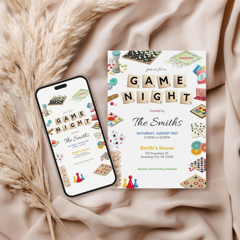 May include: A smartphone and invitation card for a game night event. The invitation features the text "Game Night" in Scrabble tiles, along with various game-related illustrations. The event details include the host's name, date, time, and location.