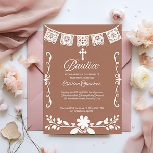 Carte d'invitation de baptême Cielito Lindo en terre cuite, modèle de toile de fête Bautizo Papel Picado Croix religieuse espagnole mexicaine personnalisée Talavera