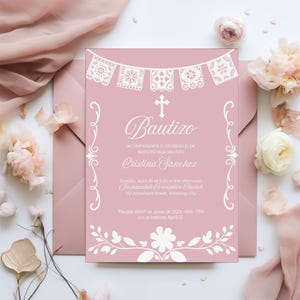 Carte d'invitation baptême Cielito Lindo rose Papel Picado, thème mexicain Talavera, religieux personnalisé Bautizo espagnol, modèle de toile modifiable