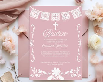 Pink Cielito Lindo Baptism Invitation Card Papel Picado Mexican Talavera Theme Religous Custom Spanish Bautizo Party Editable Canva Template