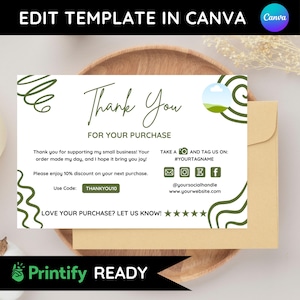 May include: White thank you card with green swirls and a green circle with a landscape scene. The card says "Thank You for Your Purchase" and includes a discount code, social media handles, and a website address.