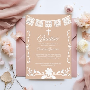 Luz Terracota Cielito Lindo Bautismo Tarjeta de Invitación Mexicana Religiosa Talavera Bautizo Fiesta Canva Plantilla Personalizada Español Papel Picado