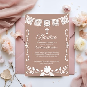 Tarjeta de invitación de bautizo Cielito Lindo en español, plantilla editable de Canva para fiesta, cruz religiosa de Talavera mexicana personalizada, papel picado para bautizo