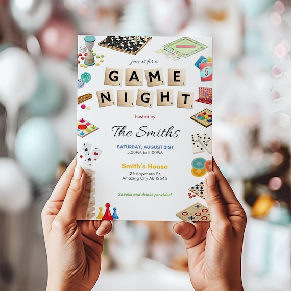 Printable Game Night Theme Invitation Board Games Family Bonding Housewarming Editable Canva File Template Custom House Party Invite Card