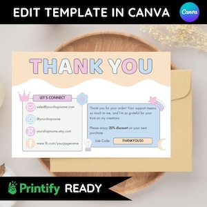 May include: A pastel pink and blue thank you card with a crown, flower, and lightbulb graphic. The card includes the text "Thank You" in large, bold letters and a message thanking the customer for their order and offering a 20% discount on their next purchase. The discount code is "THANKYOU20".