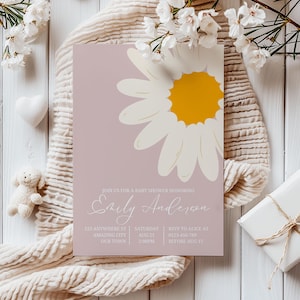 Daisy Baby Shower Einladungskarte Druckbare benutzerdefinierte Blumenthema Baby Sprinkle laden Frühlingsblumen Partydekoration bearbeitbare Canva Vorlage ein