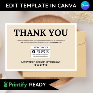 May include: A beige thank you card with a black border and the text "THANK YOU". The card includes a message thanking the customer for their order and offering a 20% discount on their next purchase with the code THANKYOU20. The card also includes a section titled "LET'S CONNECT" with icons for Facebook, Instagram, email, and Etsy.